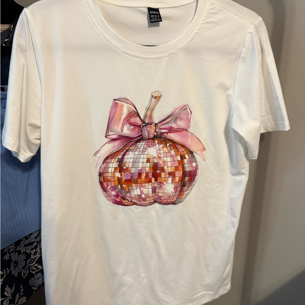 White T-Shirt with Pink Disco Pumpkin Design